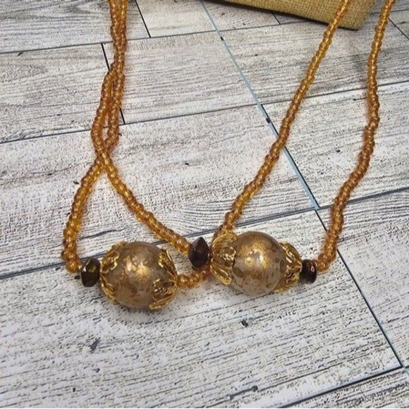 Robert Rose 2 Strands Orange Glass Beads with Goldtone, Clear & Iridescent Beads - Picture 2 of 7